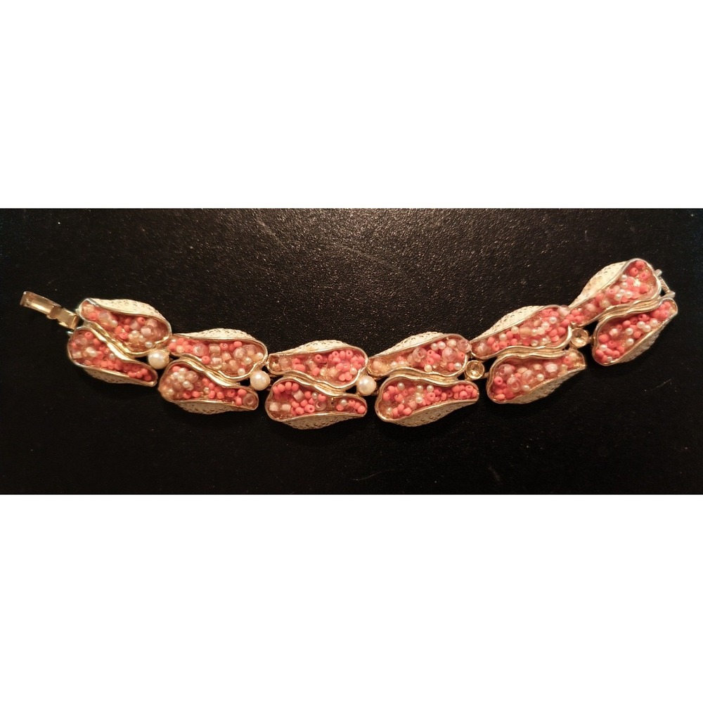 Vintage Signed CAPRI Coral Seed Bead Pod Design Link Bracelet Victorian Revival